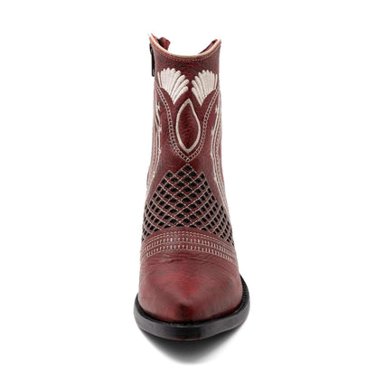 Ferrini Savannah Leather Boots in red leather with cream stitching, lattice cutout detailing and a rounded snip toe