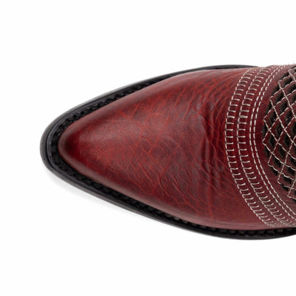 Ferrini Savannah Leather Boots in distressed red leather with a pointed snip toe and detailed white stitching