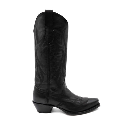 Ferrini Scarlett Leather Boots in black leather with decorative stitched patterns, a tall shaft, and snip toe