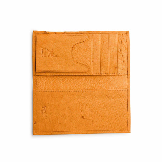 Ferrini Smooth Ostrich checkbook cover in buttercup orange leather, with embossed ostrich texture, card slots and stitched edges.