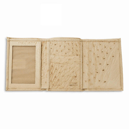 Ferrini Smooth Ostrich trifold wallet in pale ivory leather, with pebbled ostrich quill texture, card slots and an ID window