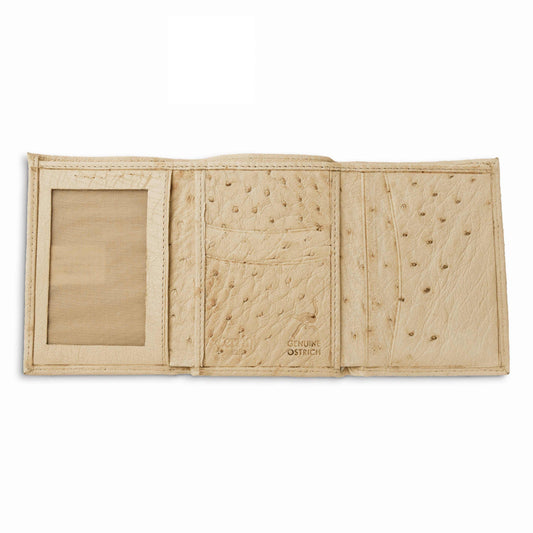 Ferrini Smooth Ostrich trifold wallet in pale ivory leather, with pebbled ostrich quill texture, card slots and an ID window