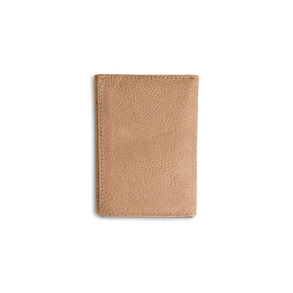 Ferrini Smooth Ostrich trifold wallet in tan leather with a fine pebbled texture and stitched edges