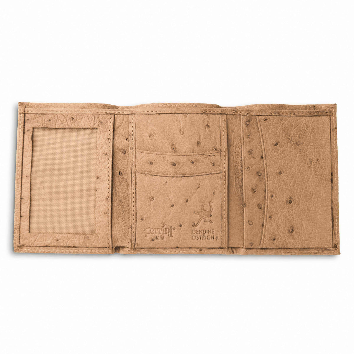 Ferrini Smooth Ostrich trifold wallet in tan leather, opened to show textured ostrich quill pattern, card slots and ID window