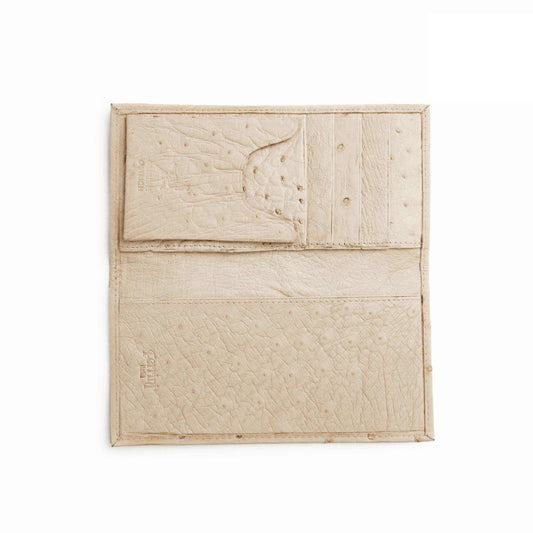 Checkbook cover in winter white Ferrini Smooth Ostrich leather, with natural raised texture and card slots inside.