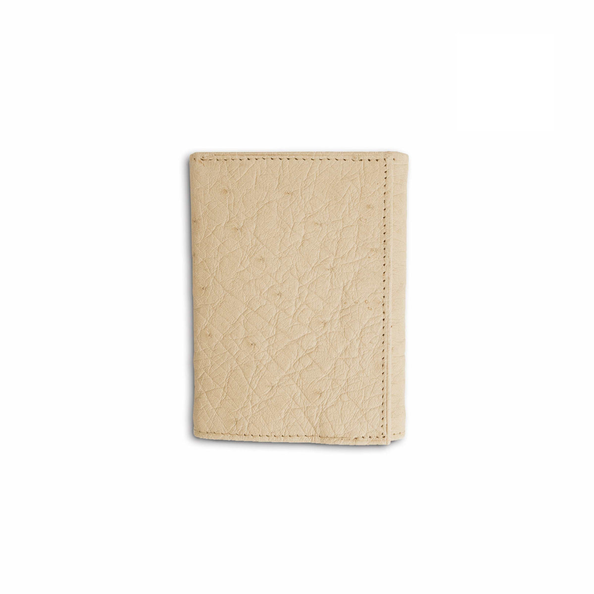 Trifold wallet in winter white ostrich leather with a soft, pebbled texture and neat stitched edges, Ferrini Smooth Ostrich
