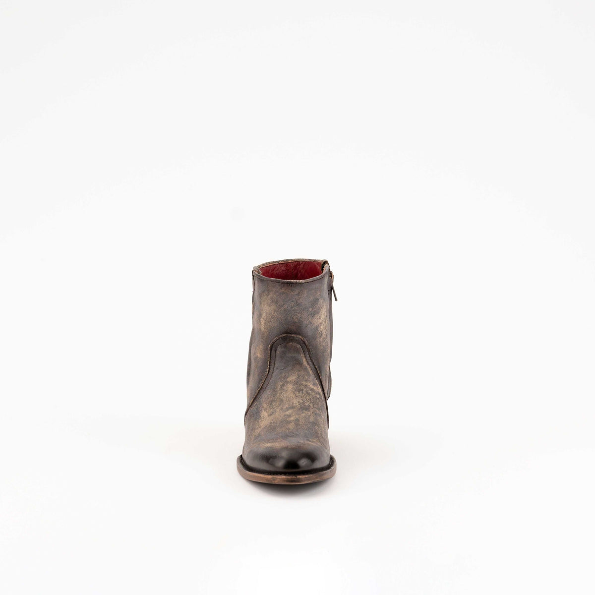 Ferrini Stacey Leather ankle boot in distressed chocolate brown leather, with a rounded toe, curved stitching, and low heel
