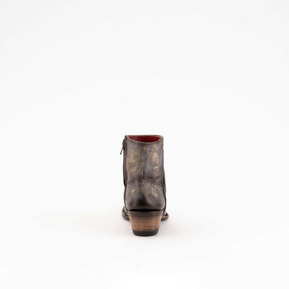 Ferrini Stacey Leather ankle boot in distressed chocolate brown with a worn leather finish, low stacked heel and pull tab