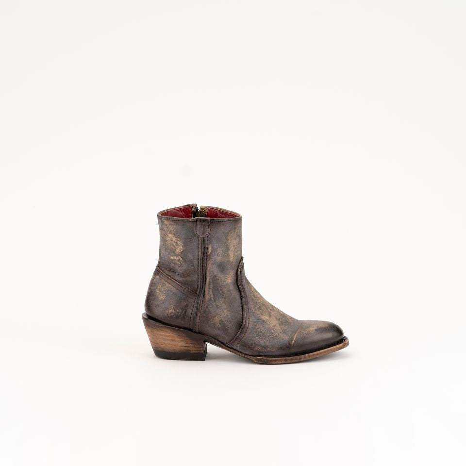 Ferrini Stacey Leather ankle boots in distressed chocolate brown leather, with a round toe, side zipper, and low block heel