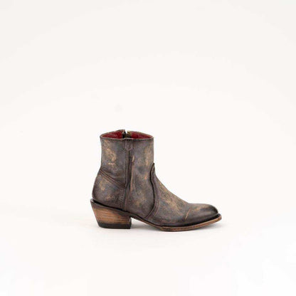Ferrini Stacey Leather ankle boots in distressed chocolate brown leather, with a round toe, side zipper, and low block heel