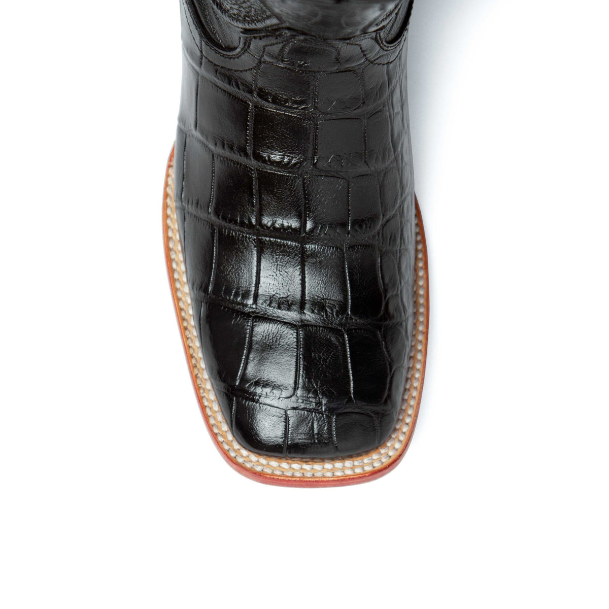 Ferrini Stallion Alligator Belly Boots in glossy black alligator with a square toe and contrasting stitched sole edge