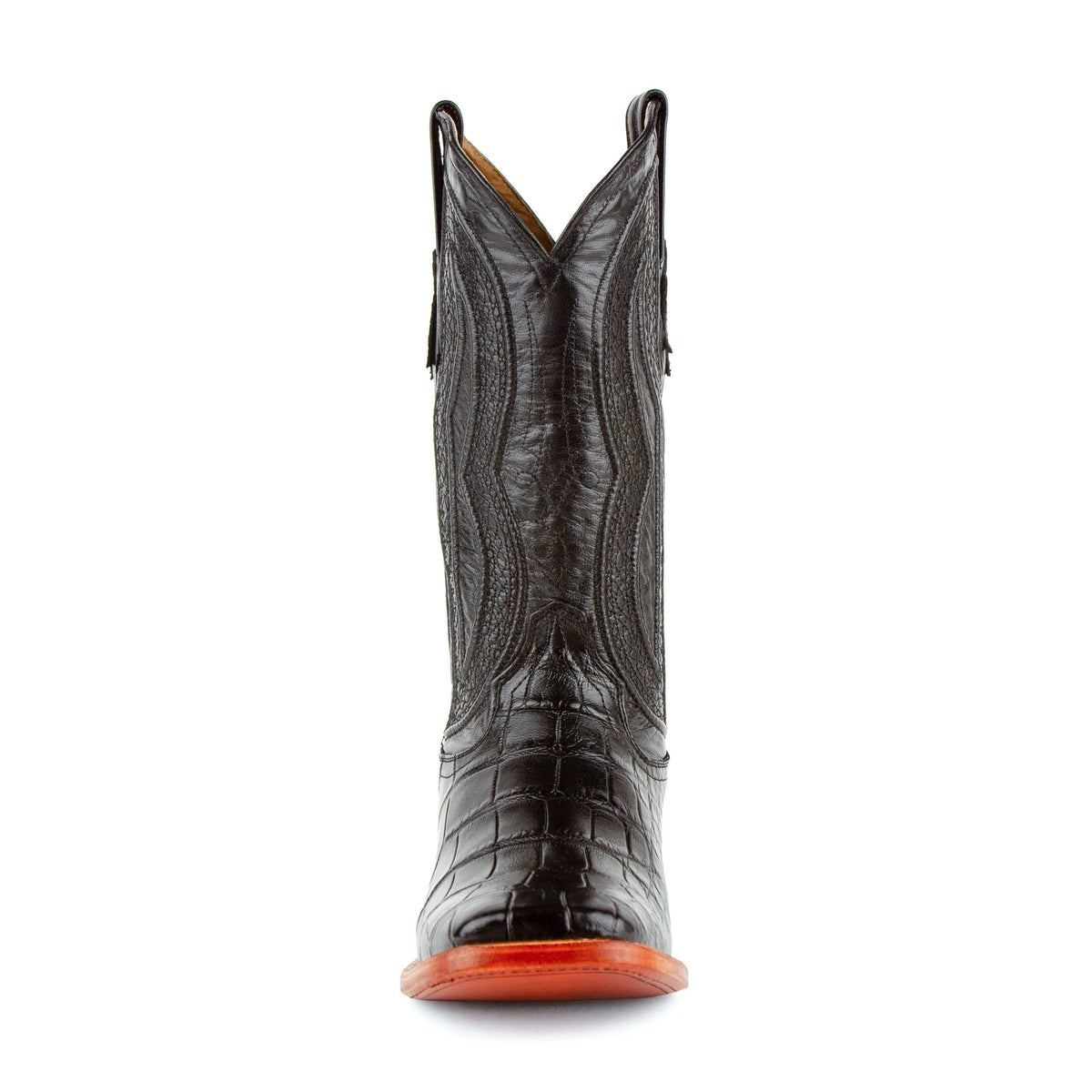 Ferrini Stallion Alligator Belly Boots in black leather with textured alligator belly vamp, stitched shaft and reddish sole