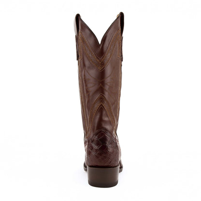 Ferrini Stallion Alligator Belly Boots in chocolate brown, featuring a textured alligator belly vamp and stitched leather shaft