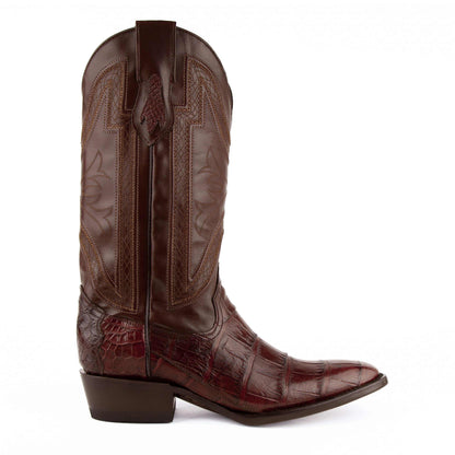 Ferrini Stallion Alligator Belly Boots in chocolate-brown leather with textured alligator belly vamp and stitched shaft