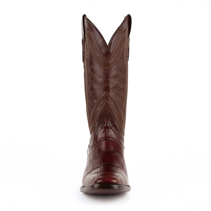Ferrini Stallion Alligator Belly Boots in chocolate brown leather with textured alligator belly vamp and stitched shaft