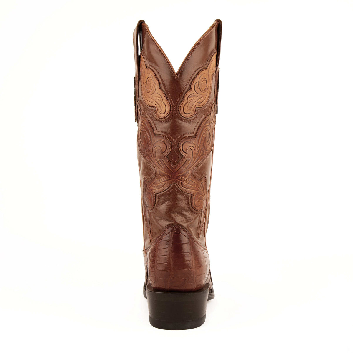 Ferrini Stallion Alligator Belly Boots in cognac brown leather, featuring an embossed alligator belly vamp and ornate stitched shaft