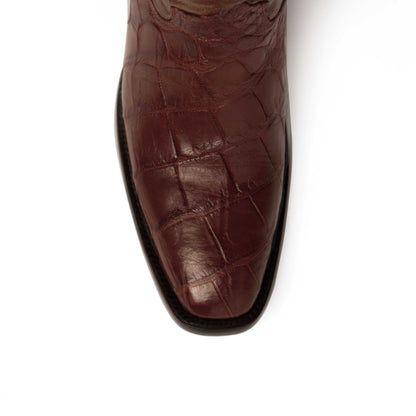 Ferrini Stallion Alligator Belly Boots in rich cognac brown leather with distinctive textured alligator belly scales and rounded toe