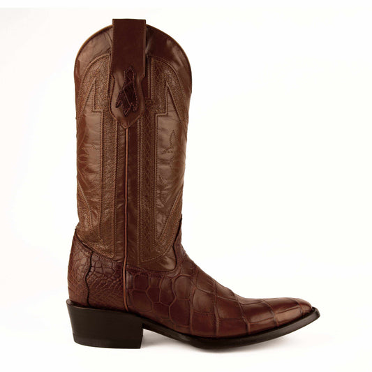 Ferrini Stallion Alligator Belly Boots in cognac brown leather, featuring a textured alligator belly vamp and cowboy heel.