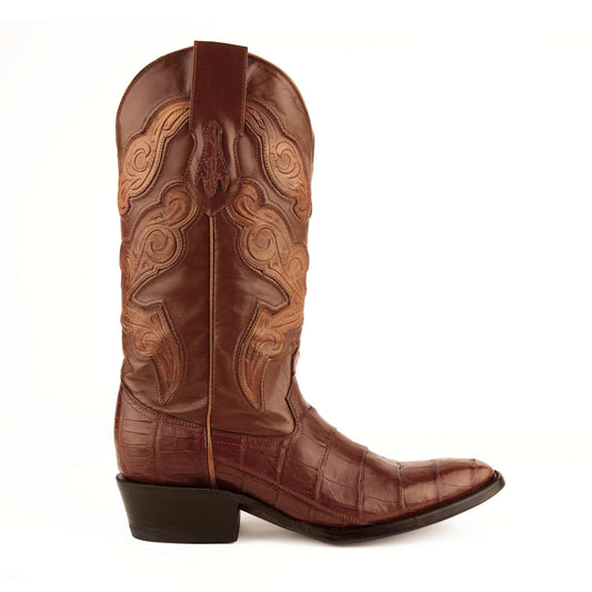 Ferrini Stallion Alligator Belly Boots in cognac brown leather, with textured alligator belly vamp and ornate stitched shaft