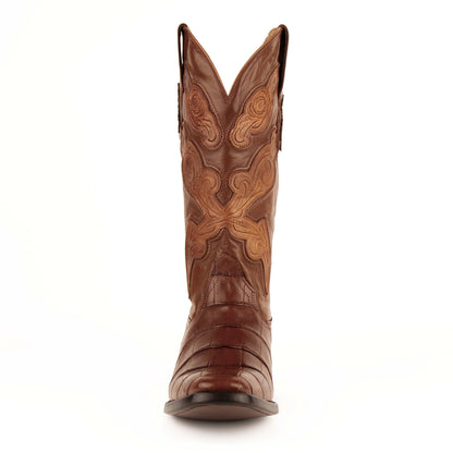 Ferrini Stallion Alligator Belly Boots in cognac brown leather, with embossed scale texture and ornate stitched shaft