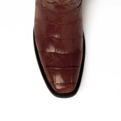 Ferrini Stallion Alligator Belly Boots in cognac leather, showing a French toe with glossy, rectangular alligator belly scales