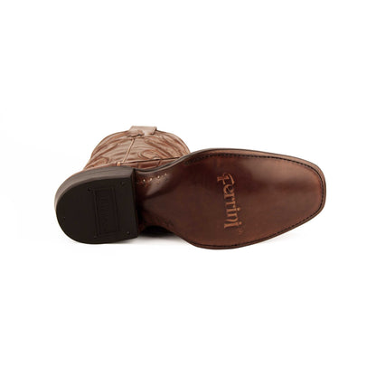Ferrini Stallion Alligator Belly Boots in cognac leather, shown from below with a smooth leather sole and textured alligator vamp