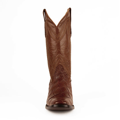 Ferrini Stallion Alligator Belly Boots in cognac brown leather with textured alligator belly vamp and decorative stitching