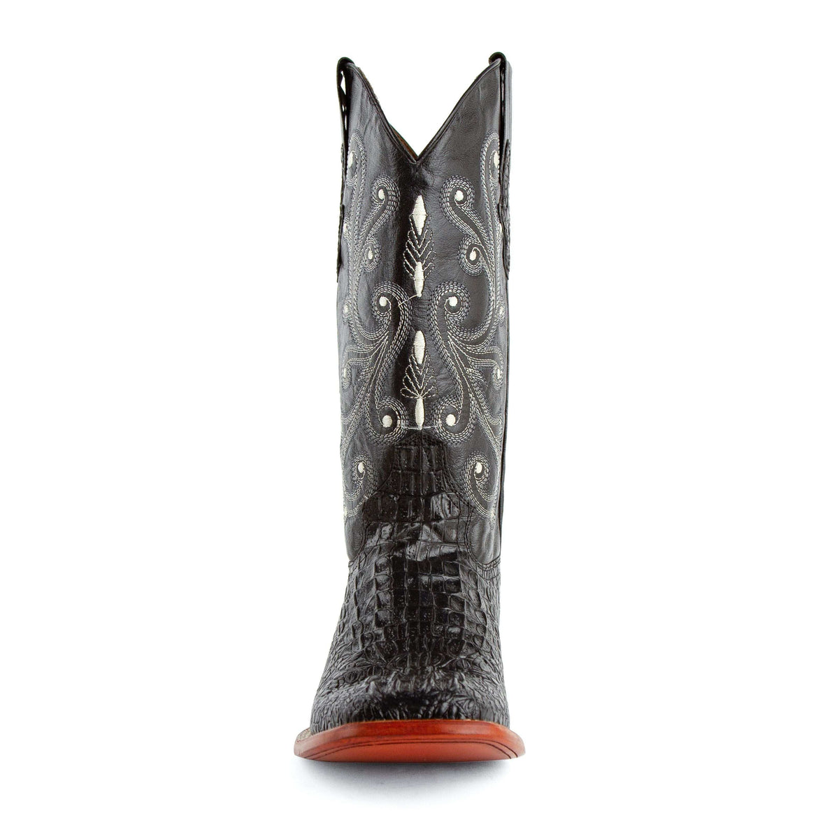 Ferrini Stampede cowboy boot with black crocodile-embossed vamp and ornate gray stitched shaft, shown from the heel