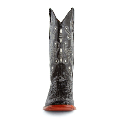 Ferrini Stampede cowboy boot with black crocodile-embossed vamp and ornate gray stitched shaft, shown from the heel