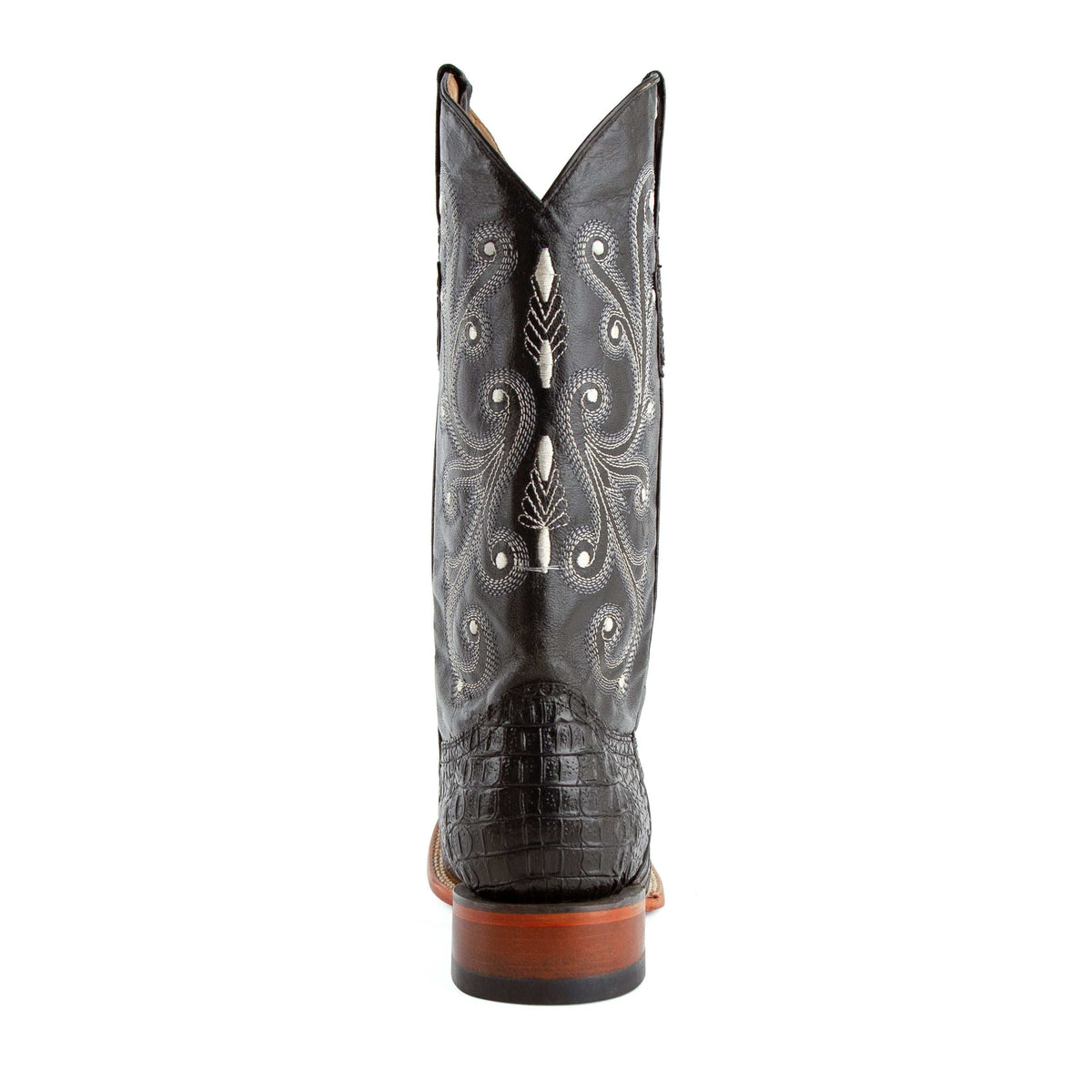 Ferrini Stampede western boot in black leather with embossed shaft stitching, crocodile-print heel counter and layered brown heel