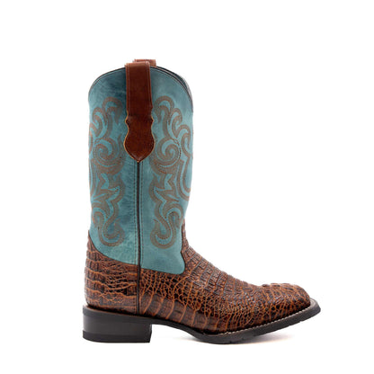 Ferrini Stampede Caiman Crocodile PRINT Boots in rust-brown embossed crocodile print with turquoise embroidered shaft