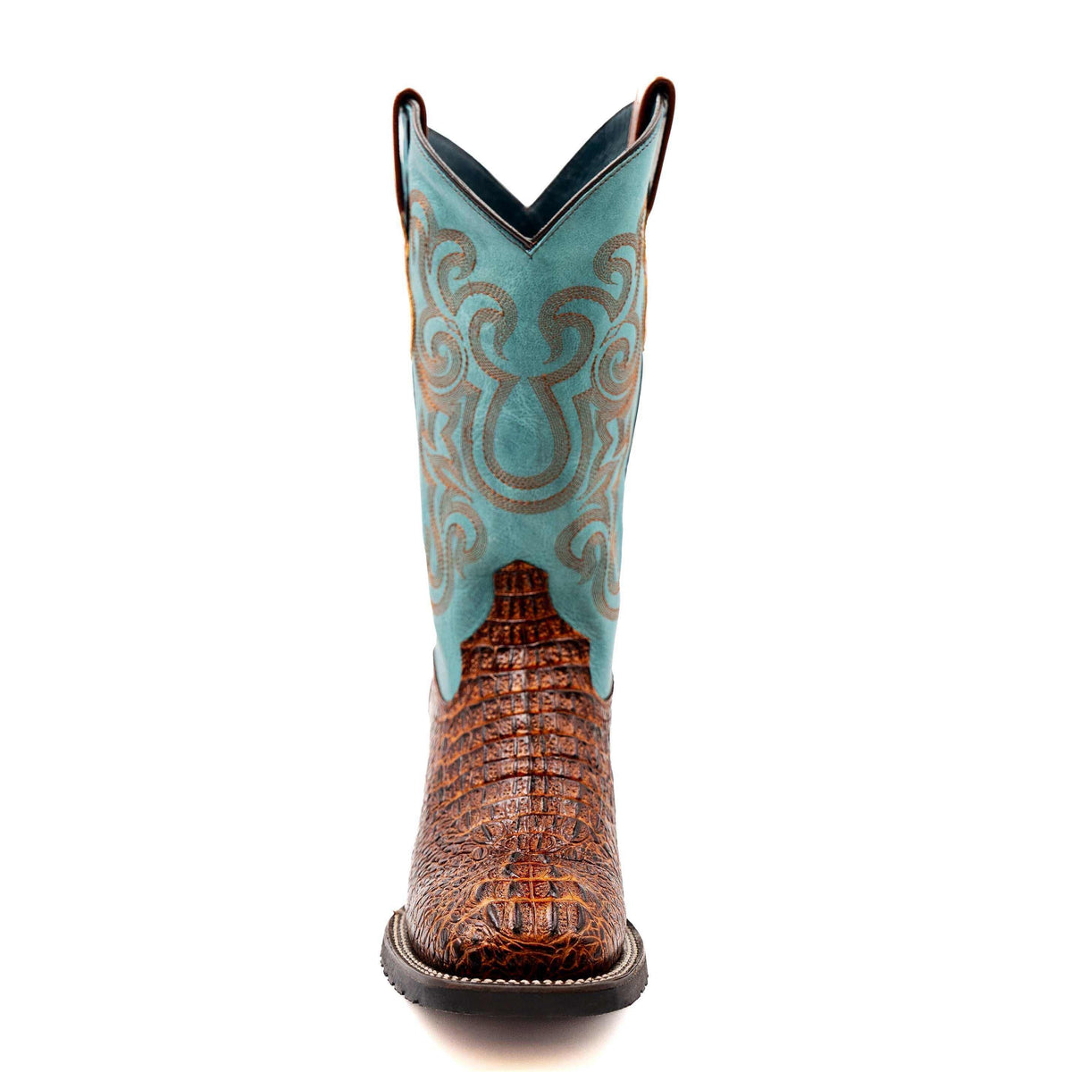 Ferrini Stampede Caiman Crocodile PRINT Boots in rust-brown textured leather with turquoise shafts and ornate stitching