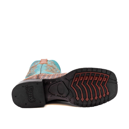 Ferrini Stampede Caiman Crocodile PRINT Boots in turquoise and rust with embossed reptile-print shafts and black rubber soles