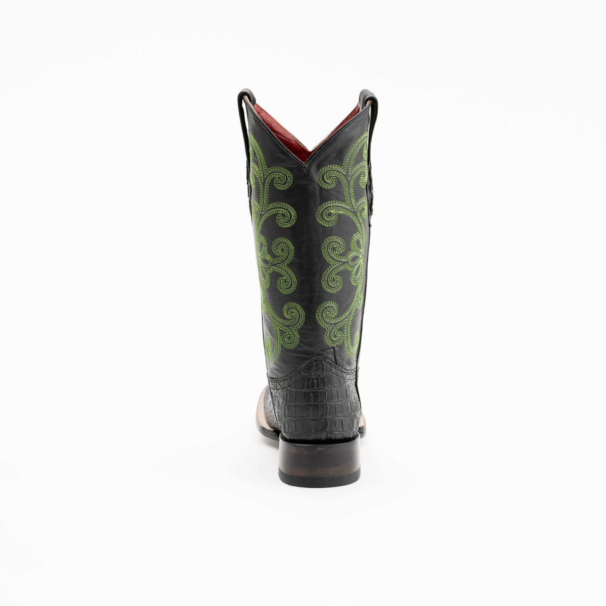 Ferrini Stampede Caiman Print Boots with black caiman-textured heel panel, green scroll embroidery and stacked block heel