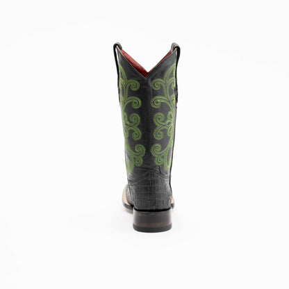 Ferrini Stampede Caiman Print Boots with black caiman-textured heel panel, green scroll embroidery and stacked block heel