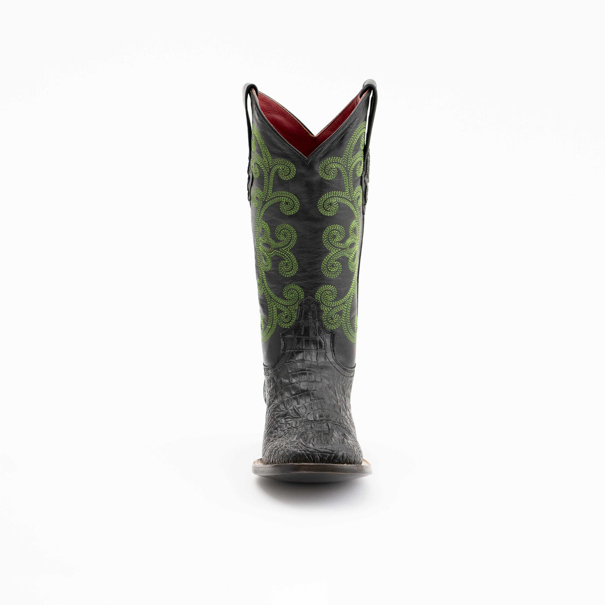 Ferrini Stampede Caiman Print Boots in black with embossed reptile-textured leather and green scroll embroidery
