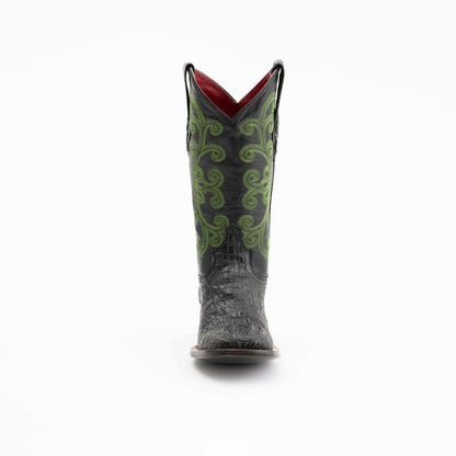 Ferrini Stampede Caiman Print Boots in black with embossed reptile-textured leather and green scroll embroidery