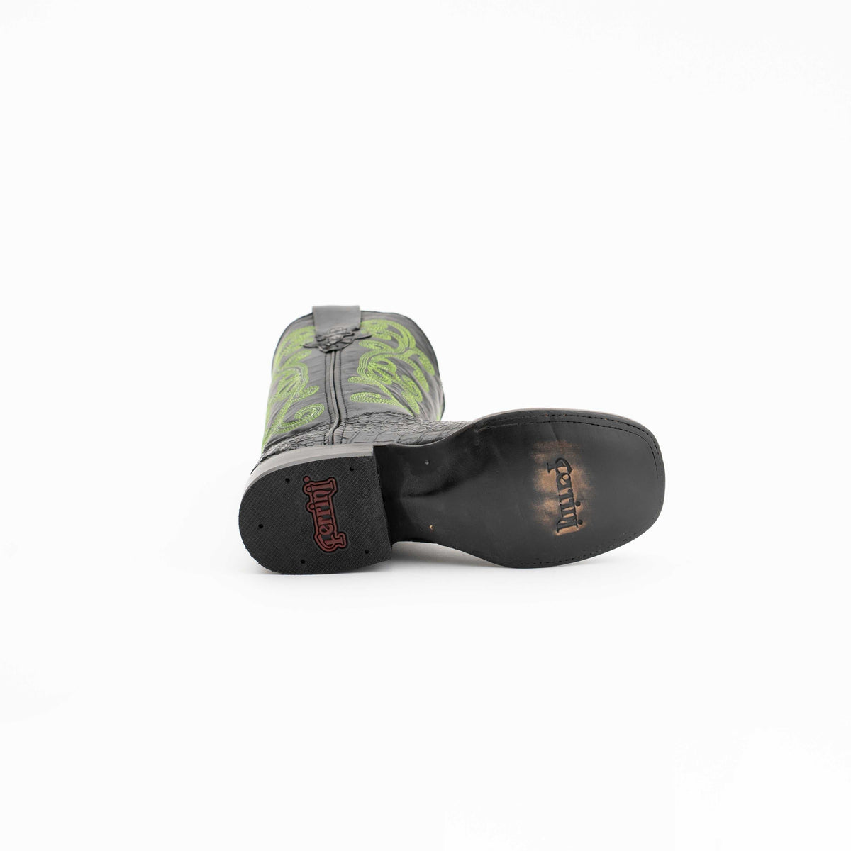 Ferrini Stampede Caiman Print Boots with black soles and a grey shaft featuring bright green embroidered scrollwork