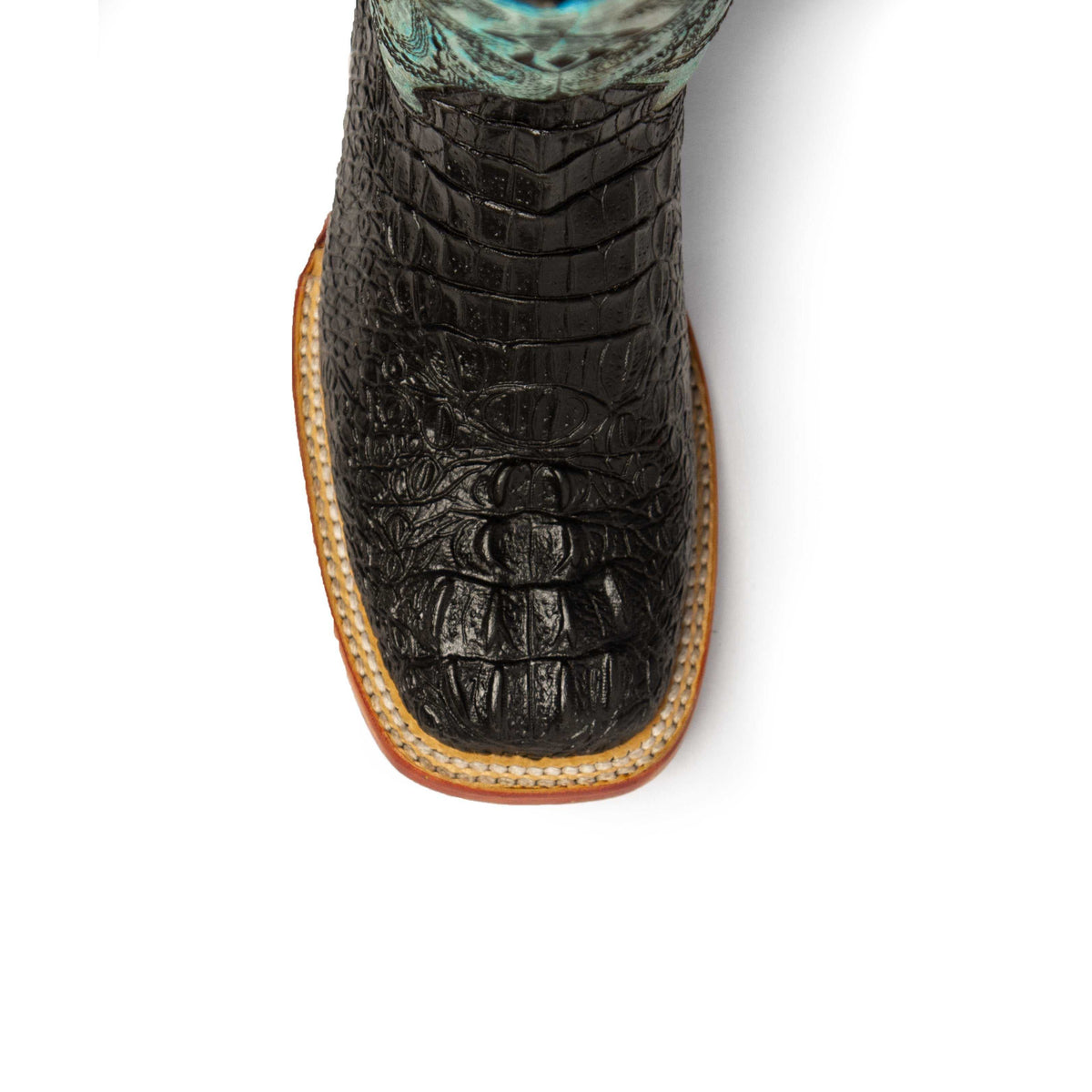 Ferrini Stampede Caiman Print Boots with a black raised-scale vamp, teal accents, and stitched tan sole edge