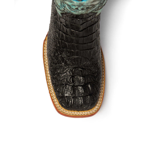 Ferrini Stampede Caiman Print Boots with a black raised-scale vamp, teal accents, and stitched tan sole edge