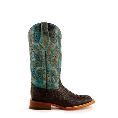 Ferrini Stampede Caiman Print Boots in dark brown textured leather with teal patterned shafts and a square toe