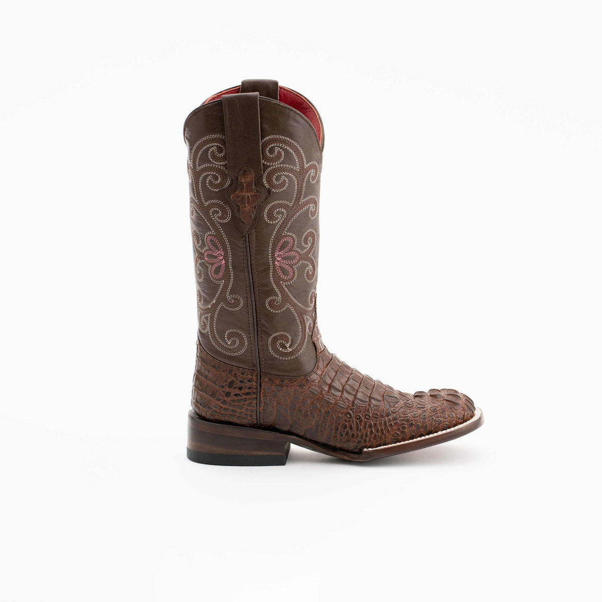 Ferrini Stampede Caiman Print Boots in rust-brown leather with a textured caiman-print vamp and decorative shaft stitching.