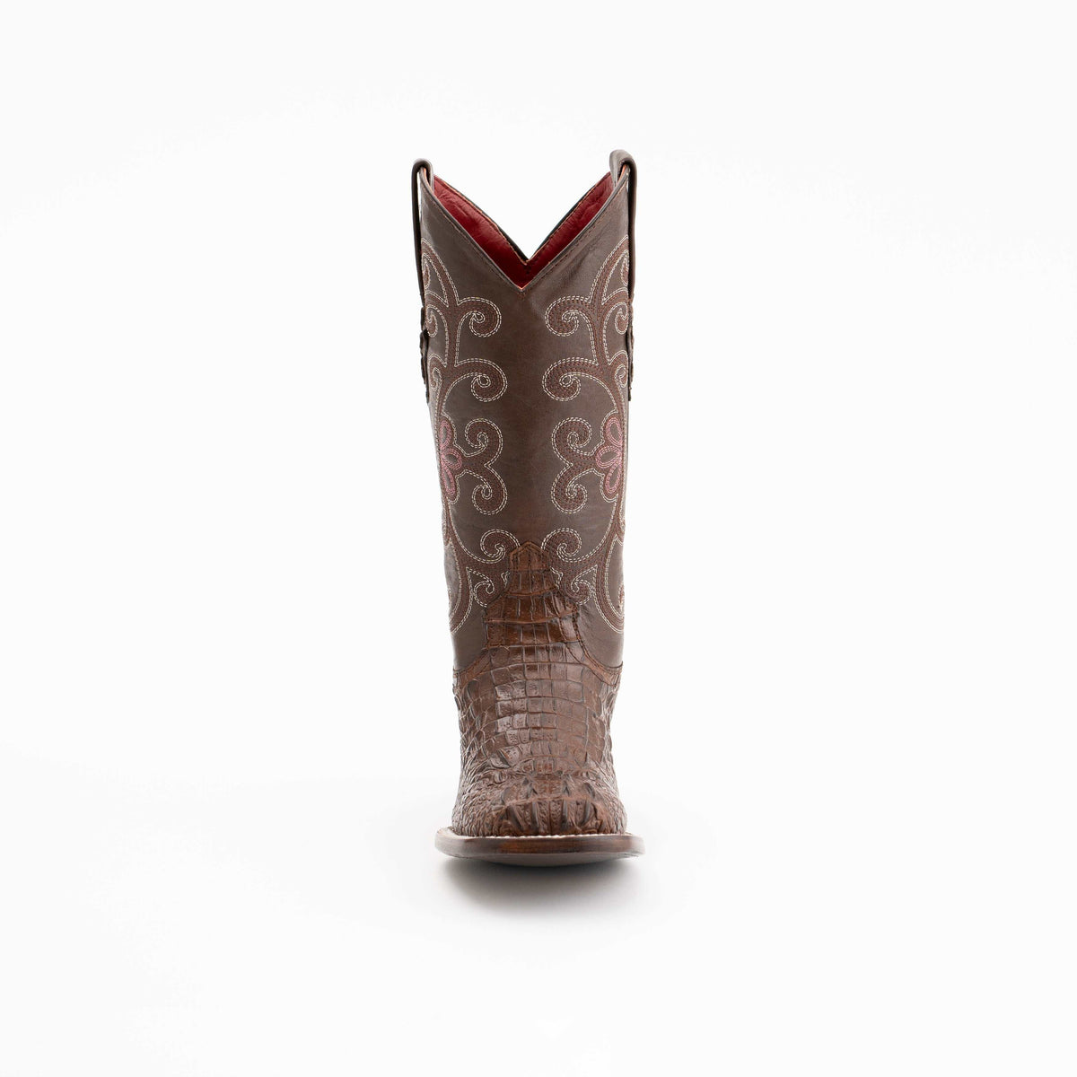 Ferrini Stampede Caiman Print Boots in rust brown, with embossed caiman-print vamp and decorative stitched shaft