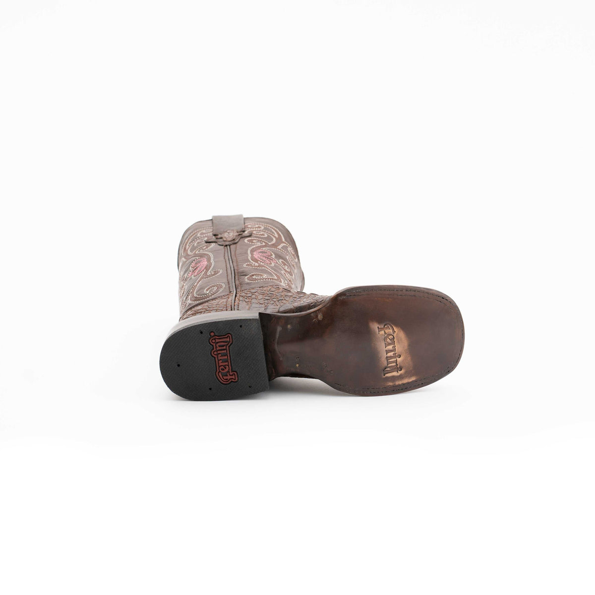Ferrini Stampede Caiman Print Boots in rust-brown leather with embossed caiman-print vamp, stitched shaft and block heel