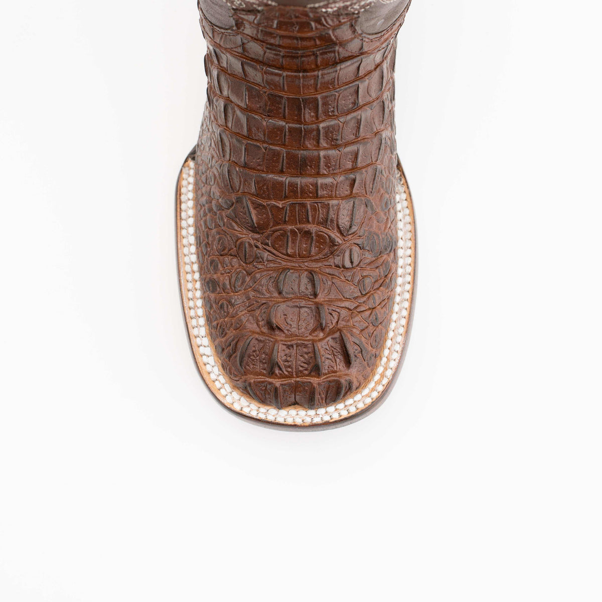 Ferrini Stampede Caiman Print Boots in rust-brown embossed leather with a textured caiman pattern and square toe