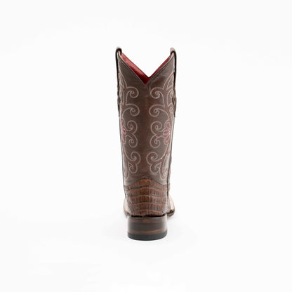 Ferrini Stampede Caiman Print Boots in rust-brown leather with ornate stitching, textured caiman-print heel and block heel