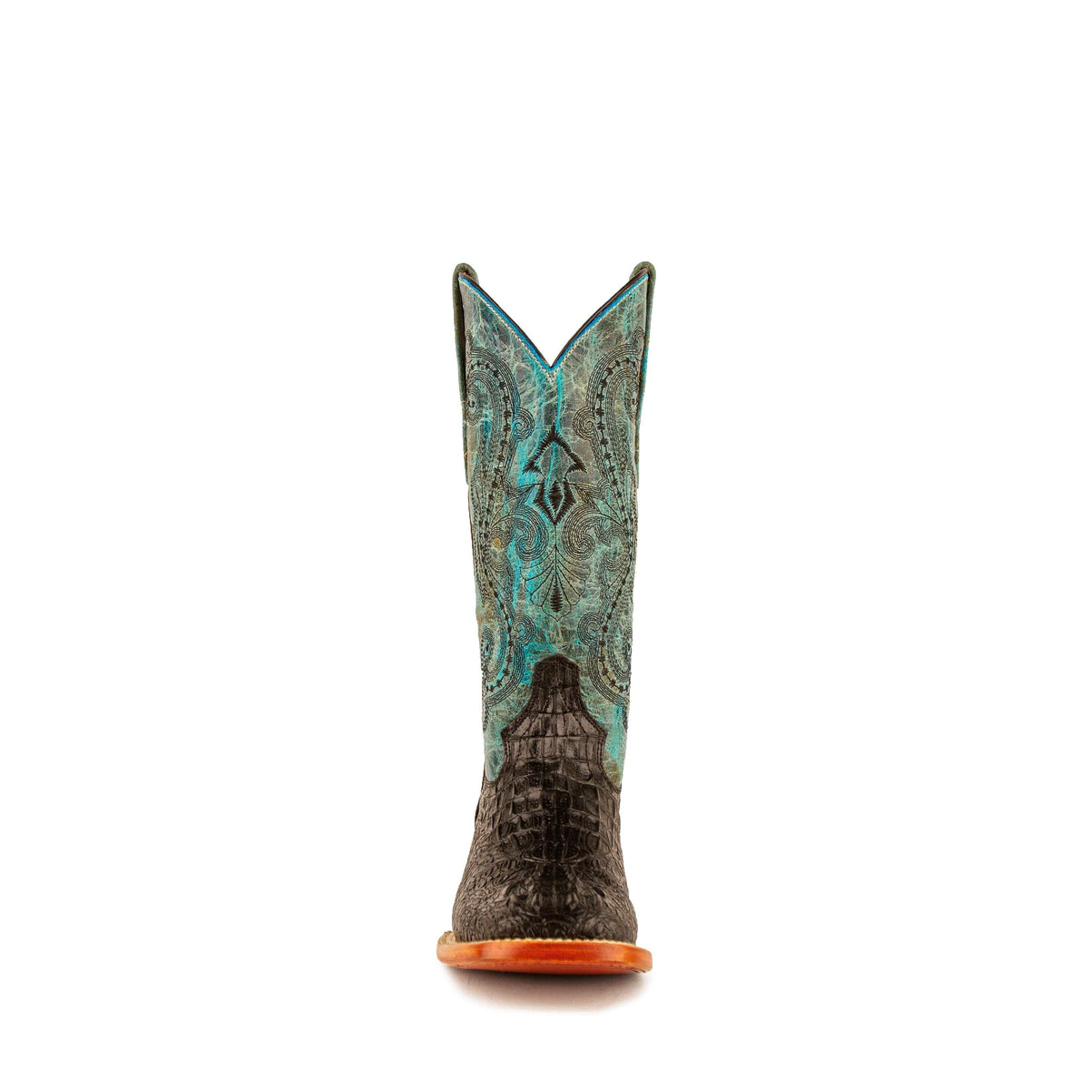 Ferrini Stampede Caiman Print Boots with dark brown textured vamp, teal patterned shaft and tan outsole
