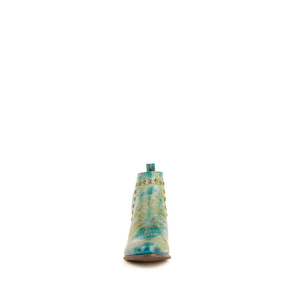 Ferrini Stella Leather Boots in turquoise leather with distressed mottled coloring, decorative stitching and a low stacked heel
