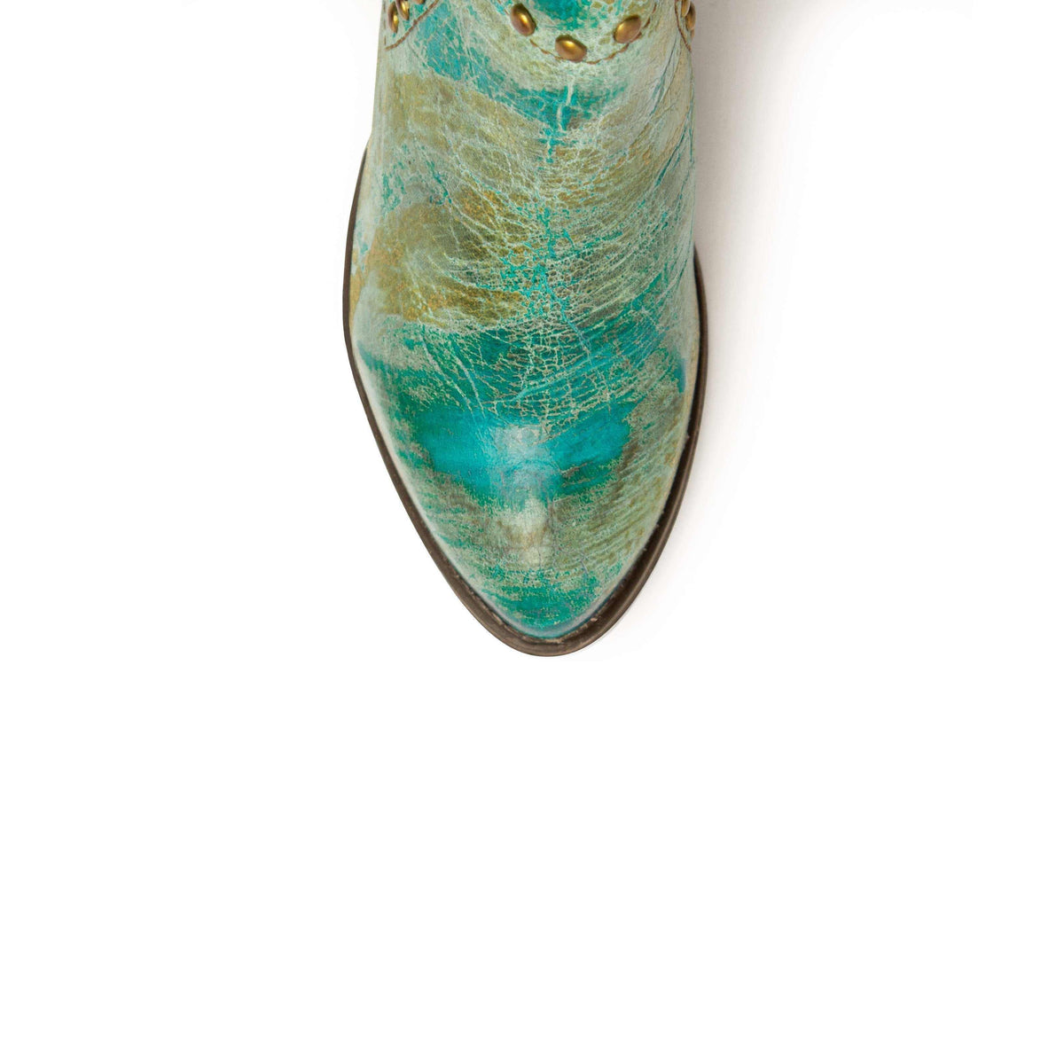 Ferrini Stella Leather Boots in turquoise leather with distressed mottled texture, pointed toe and small gold studs