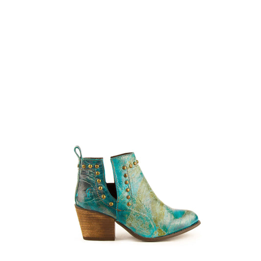 Ferrini Stella Leather Boots in turquoise distressed leather, with studded ankle sides, pull loops and stacked block heels.